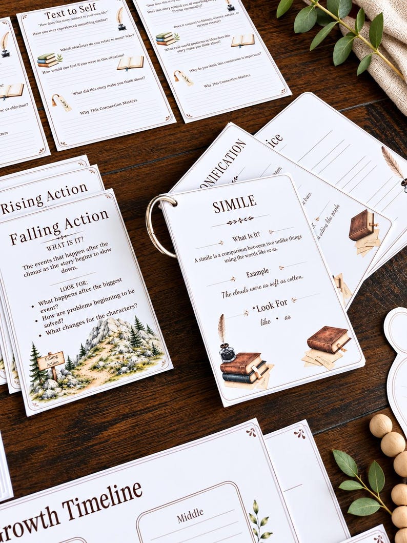 May include: A set of educational flashcards on a metal ring, featuring literary terms like Simile and Falling Action. Each white card includes printed definitions, examples, and illustrations of books, inkwells, and quills, with some cards laid out flat.