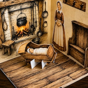 May include: A three-dimensional pop-up paper craft depicting a rustic interior scene with a stone fireplace, a wooden cradle containing a swaddled infant, and a standing figure wearing a brown dress and white apron, all rendered in warm brown tones.