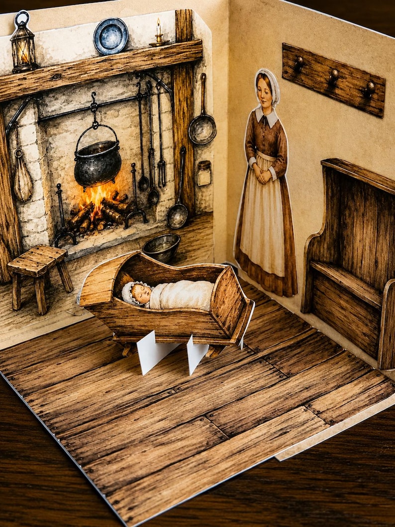 May include: A three-dimensional pop-up paper craft depicting a rustic interior scene with a stone fireplace, a wooden cradle containing a swaddled infant, and a standing figure wearing a brown dress and white apron, all rendered in warm brown tones.