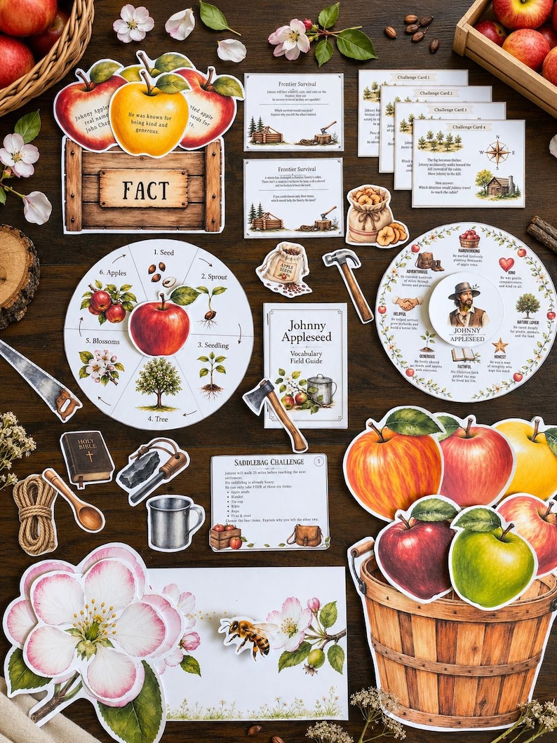 May include: A Johnny Appleseed educational activity set featuring a life cycle wheel, vocabulary guide, challenge cards, and various die-cut illustrations including apples, a wooden crate, a hammer, an axe, a bee, and a wooden basket.