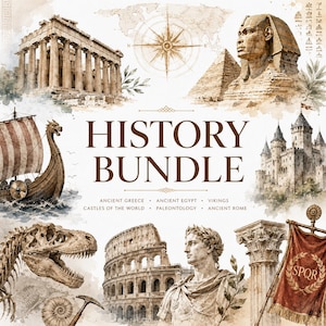 Könnte beinhalten: Eine digitale Grafik mit dem Titel HISTORY BUNDLE, die Aquarellillustrationen des Parthenon, der Sphinx, eines Wikingerschiffs, einer mittelalterlichen Burg, eines Dinosaurierschädels, des Kolosseums, einer römischen Büste und eines roten Banners mit dem Text SPQR zeigt.