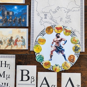 May include: Educational materials featuring Ancient Greece. Includes illustrations of the Trojan Horse, maps, Greek alphabet cards, and a central image of a muscular figure surrounded by circular images of animals and objects. The text "ANCIENT GREECE" is visible.