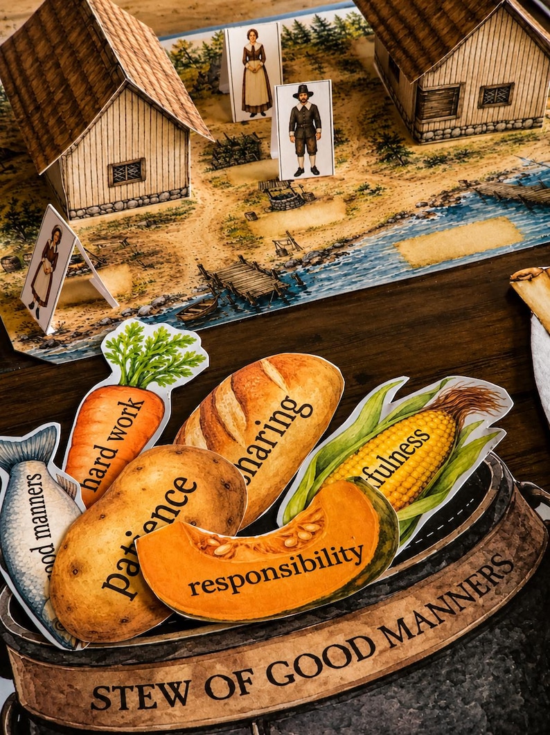May include: A paper craft set featuring a printed village scene with three standing figures and a metal bowl labeled STEW OF GOOD MANNERS. Inside the bowl are paper cutouts of a fish, carrot, potato, bread, corn, and pumpkin with text.