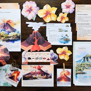 Puede incluir: Un conjunto educativo colorido sobre volcanes con ilustraciones de diferentes tipos de erupciones, un mapa del mundo y un diagrama de las capas de la Tierra. El conjunto incluye las palabras "¿Qué es un volcán?" y "Erupciones volcánicas".