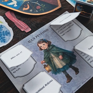 May include: An illustration of Lucy Pevensie from The Chronicles of Narnia, holding a lantern. The image is part of a learning activity with text boxes and a shield emblem. The color palette includes greens, blues, and browns.