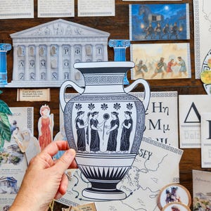 May include: A black and white paper cutout of an ancient Greek vase with a geometric border and figures. The vase is held in front of a collage of historical images and text, including portraits of philosophers and architectural drawings.