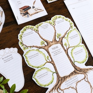 May include: A collection of educational paper worksheets including a Vocabulary Field Guide, a Letter to a Friend template, a foot-shaped My Prediction sheet, and a large tree-shaped graphic organizer for analyzing story themes with blank lines.