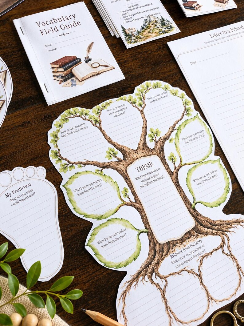 May include: A collection of educational paper worksheets including a Vocabulary Field Guide, a Letter to a Friend template, a foot-shaped My Prediction sheet, and a large tree-shaped graphic organizer for analyzing story themes with blank lines.