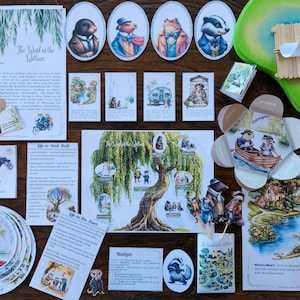 May include: A collection of illustrated cards and paper cutouts featuring characters from "The Wind in the Willows." Includes oval portraits of animals in clothing, scenes of nature, and text about the story.
