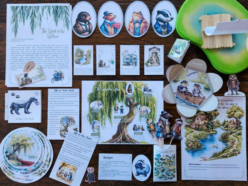 May include: A collection of illustrated cards and paper cutouts featuring characters from "The Wind in the Willows." Includes oval portraits of animals in clothing, scenes of nature, and text about the story.