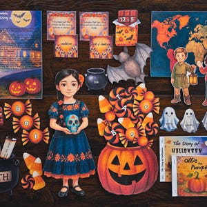 May include: A collection of Halloween-themed illustrations and cutouts. Includes a girl holding a skull, a jack-o'-lantern, ghosts, candy, a bat, and the text "Ellie's Halloween Adventures". The color palette is orange, black, and blue.