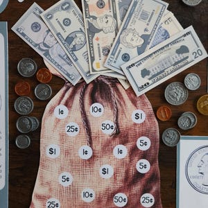 May include: A printed money bag illustration featuring white circles with currency values including 1&cent;, 5&cent;, 10&cent;, 25&cent;, 50&cent;, and $1. The bag is surrounded by various United States paper banknotes and metal coins, including pennies, nickels, dimes, and quarters.