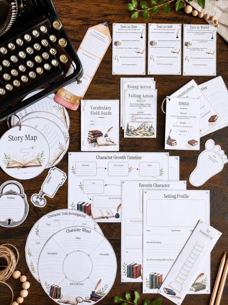 May include: A collection of educational reading and writing worksheets featuring various shapes and sizes, including a character wheel, story map, and vocabulary field guide, all decorated with illustrations of books, quills, and inkwells.