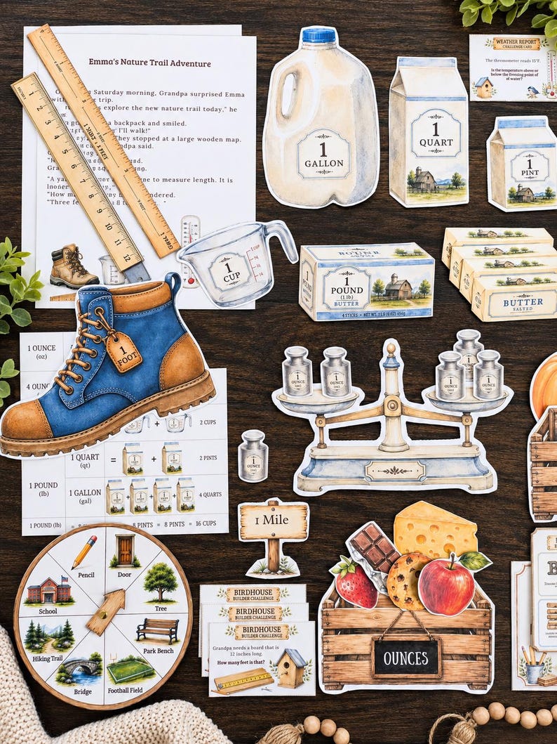 May include: A collection of educational paper cutouts featuring a blue hiking boot, a balance scale, rulers, measuring cups, milk cartons, butter sticks, a wooden crate with food, and various challenge cards with text including 1 Gallon, 1 Quart, and 1 Mile.