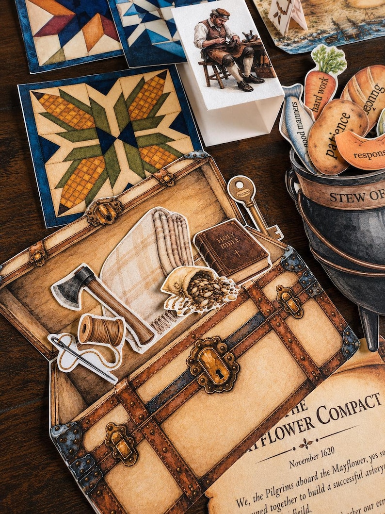 May include: A paper craft set featuring a brown trunk illustration containing cutouts of an axe, a spool of thread, a needle, a sack of grain, and a Holy Bible. Nearby are a black cauldron with food-shaped cutouts, a key, and a Mayflower Compact document.
