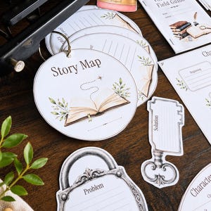 May include: A collection of educational paper cards for storytelling, including circular cards labeled Story Map with an open book illustration, a key-shaped card labeled Solution, and a padlock-shaped card labeled Problem, alongside a Vocabulary Field Guide.