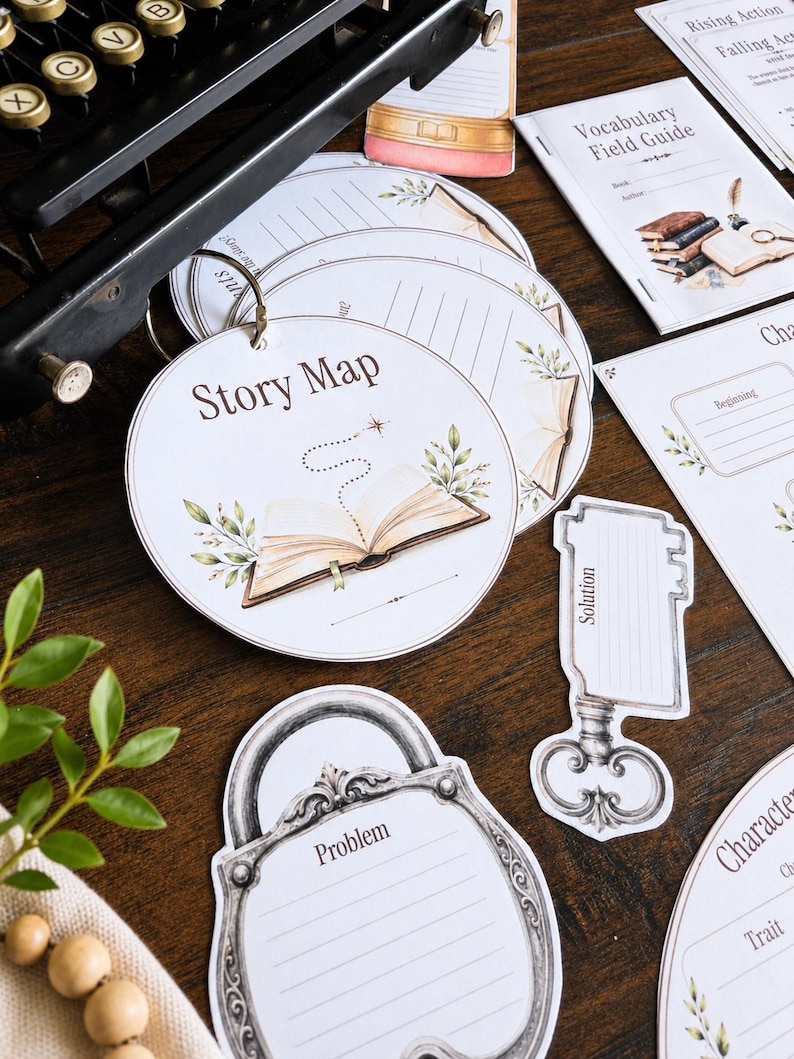 May include: A collection of educational paper cards for storytelling, including circular cards labeled Story Map with an open book illustration, a key-shaped card labeled Solution, and a padlock-shaped card labeled Problem, alongside a Vocabulary Field Guide.