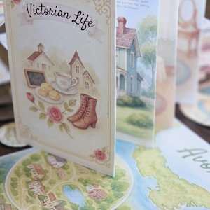 以下が含まれることがあります： 「Victorian Life」というタイトルの複数ページの小冊子には、ビクトリア朝の家、ブーツ、お茶のイラストが描かれています。 小冊子は開かれており、家や地図のイラストが描かれた追加のページが表示されています。 カラーパレットには、ソフトパステルとアースカラーが含まれています。