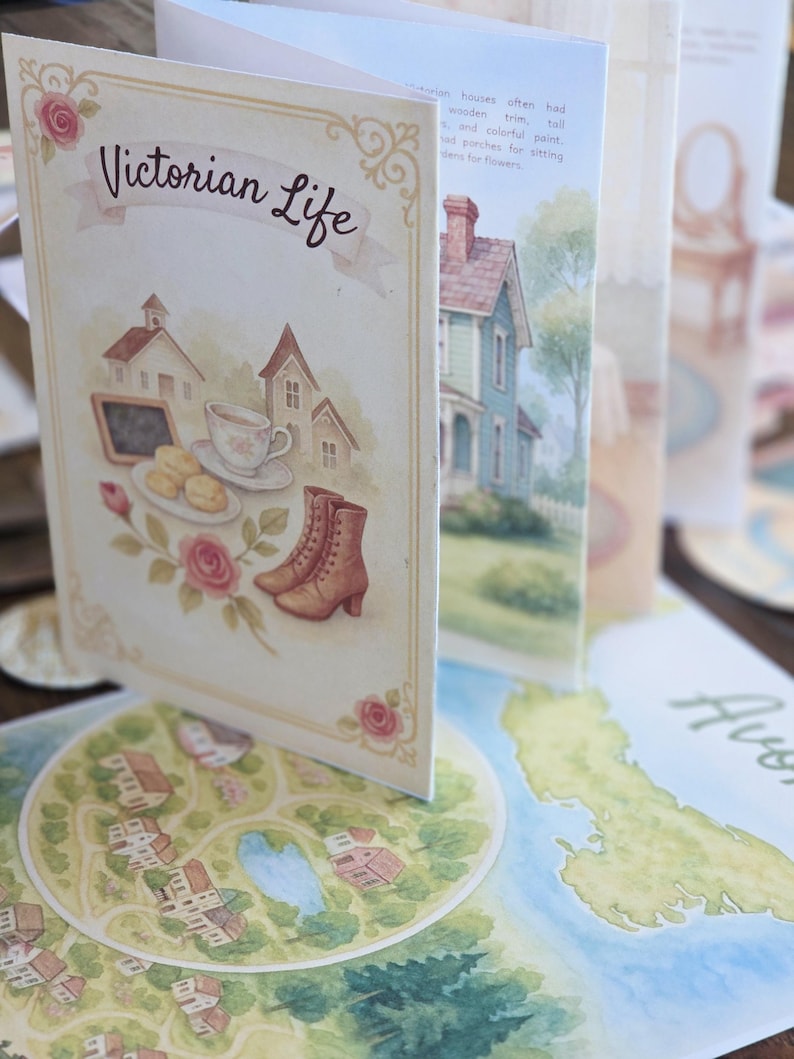 以下が含まれることがあります： 「Victorian Life」というタイトルの複数ページの小冊子には、ビクトリア朝の家、ブーツ、お茶のイラストが描かれています。 小冊子は開かれており、家や地図のイラストが描かれた追加のページが表示されています。 カラーパレットには、ソフトパステルとアースカラーが含まれています。
