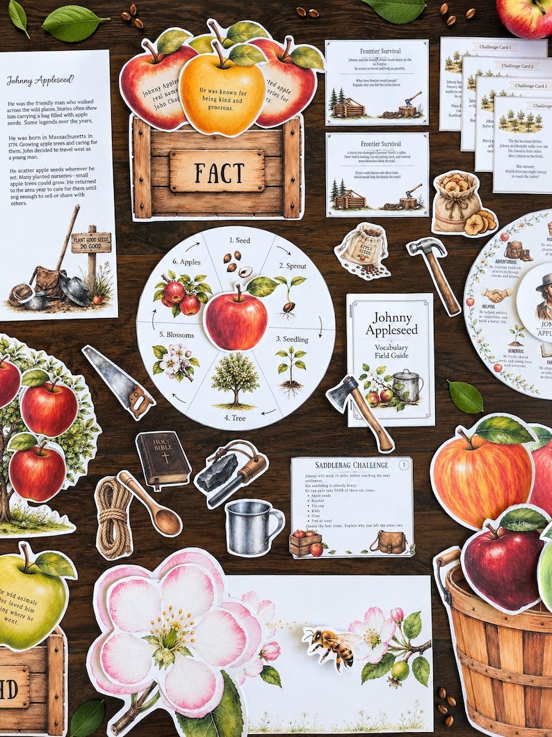 May include: A collection of educational paper cutouts featuring Johnny Appleseed themes, including a life cycle wheel, apple illustrations, a wooden crate, challenge cards, a vocabulary guide, and tools like a hammer, saw, and axe on a dark surface.