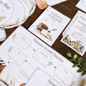 May include: A collection of printed educational worksheets for literature study, including a Character Growth Timeline, a Vocabulary Field Guide, and circular Story Map cards. The papers feature illustrations of books, quills, and inkwells with text.
