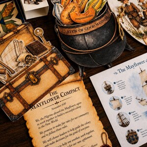 May include: A collection of educational materials featuring a black cauldron labeled Stew of Good Manners filled with food-shaped cutouts, a document titled The Mayflower Compact, a Mayflower ship diagram, and a My Plymouth Colony Journal.