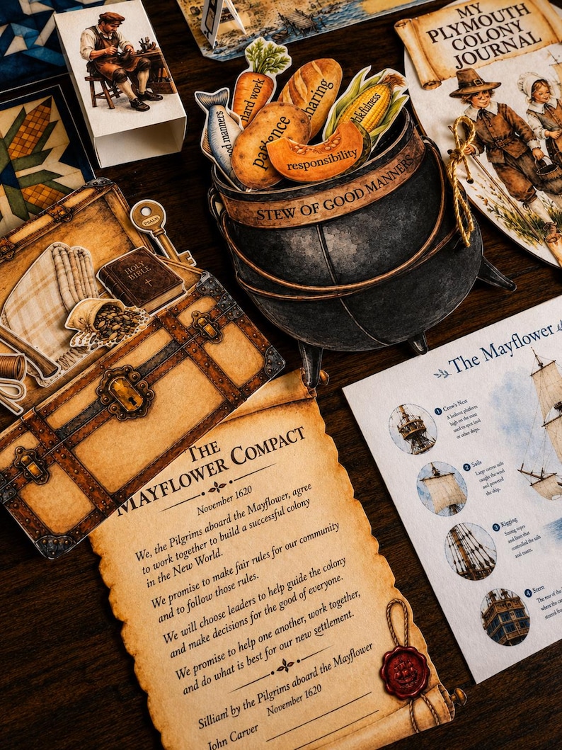 May include: A collection of educational materials featuring a black cauldron labeled Stew of Good Manners filled with food-shaped cutouts, a document titled The Mayflower Compact, a Mayflower ship diagram, and a My Plymouth Colony Journal.
