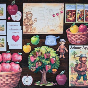 May include: A collection of educational materials featuring apples and the story of Johnny Appleseed. Includes apple-shaped cutouts, cards with words like "orchard" and "kindness", a map, and a book titled "Johnny Appleseed".