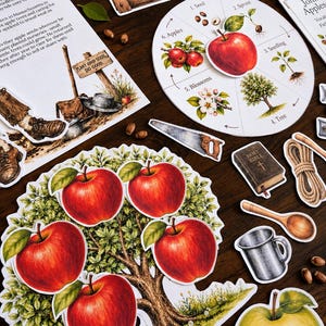 May include: A collection of educational paper cutouts featuring an apple tree life cycle wheel, a large apple tree with red fruit, a wooden sign labeled FACT, a Bible, a wooden spoon, a metal mug, a saw, rope, and text about Johnny Appleseed.