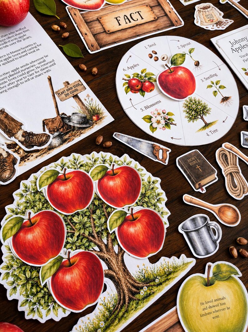 May include: A collection of educational paper cutouts featuring an apple tree life cycle wheel, a large apple tree with red fruit, a wooden sign labeled FACT, a Bible, a wooden spoon, a metal mug, a saw, rope, and text about Johnny Appleseed.