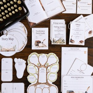May include: A collection of educational reading and writing worksheets featuring a tree-shaped graphic organizer, a vocabulary field guide, story map cards, and book review pages, accompanied by a vintage typewriter, a pencil, and metal scissors.