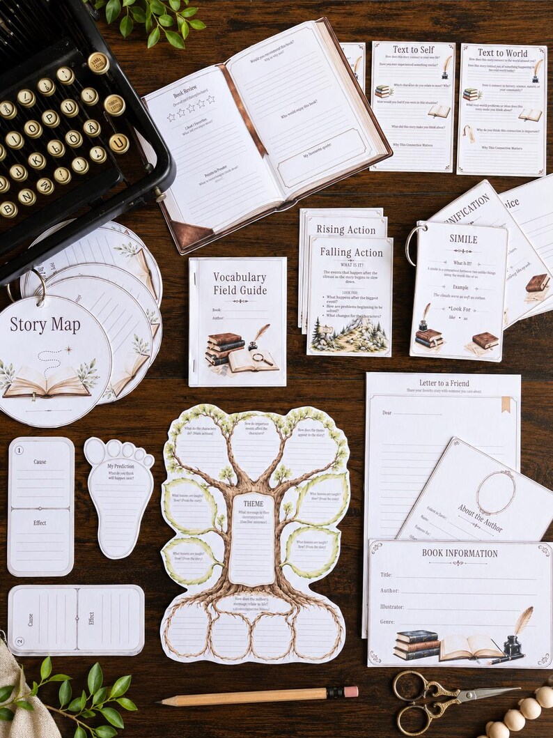May include: A collection of educational reading and writing worksheets featuring a tree-shaped graphic organizer, a vocabulary field guide, story map cards, and book review pages, accompanied by a vintage typewriter, a pencil, and metal scissors.