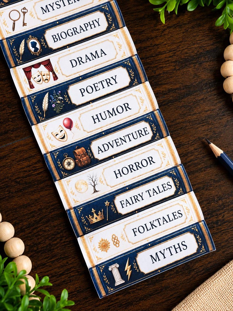 May include: A set of rectangular book genre labels featuring white backgrounds with navy blue and gold decorative borders. Each label displays a specific category name including Biography, Drama, Poetry, Humor, Adventure, Horror, Fairy Tales, Folktales, and Myths.