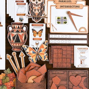 May include: A collection of educational geometry materials including a wooden ruler, an owl cutout, butterfly illustrations, geometric shape cards, wooden polygon blocks, and sorting boards labeled with text like Perpendicular and Parallel.