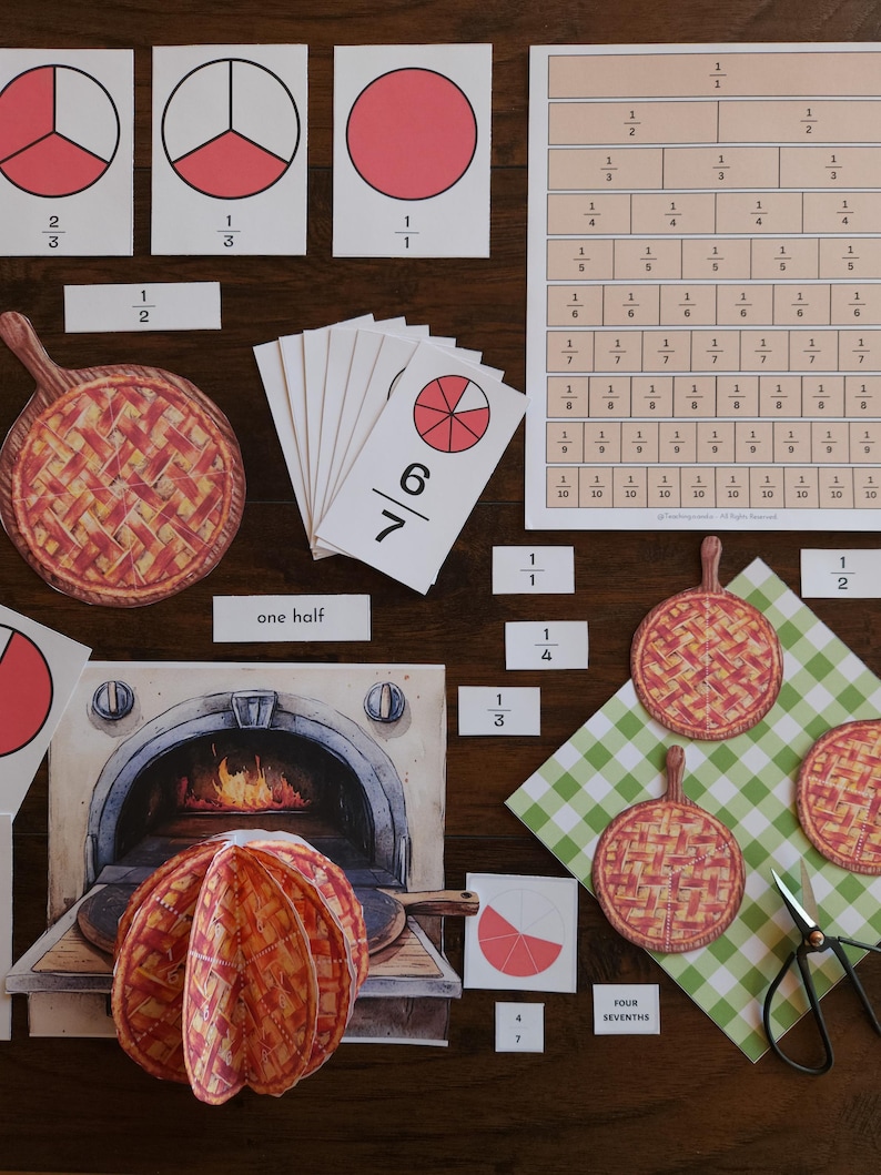 May include: Educational math set featuring fraction cards with red circle diagrams, a fraction wall chart, paper pie cutouts, and a printed oven scene. The set includes labels like one half and four sevenths, alongside a pair of black metal scissors.