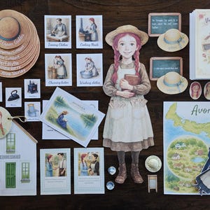 Peut inclure: Ensemble de découpes et d'illustrations en papier sur le thème victorien. Comprend une découpe de fille, un livre, une carte et diverses cartes avec des images et du texte. La palette de couleurs est douce, avec des bruns, des verts et des bleus.