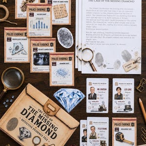 May include: A mystery game kit titled The Case of the Missing Diamond, featuring a detective evidence file folder, multiple police evidence cards, suspect ID badges for Mr. Grayson, Leo Lens, and Felix Frame, a magnifying glass, and a diamond illustration.