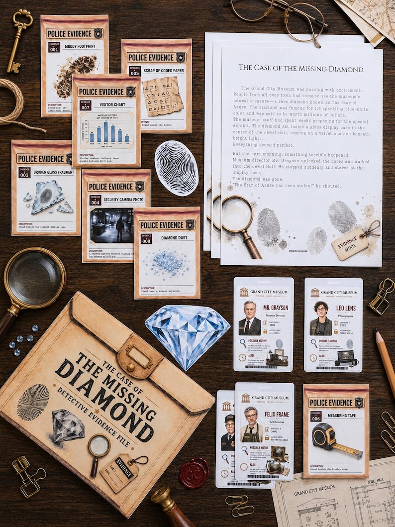 May include: A mystery game kit titled The Case of the Missing Diamond, featuring a detective evidence file folder, multiple police evidence cards, suspect ID badges for Mr. Grayson, Leo Lens, and Felix Frame, a magnifying glass, and a diamond illustration.