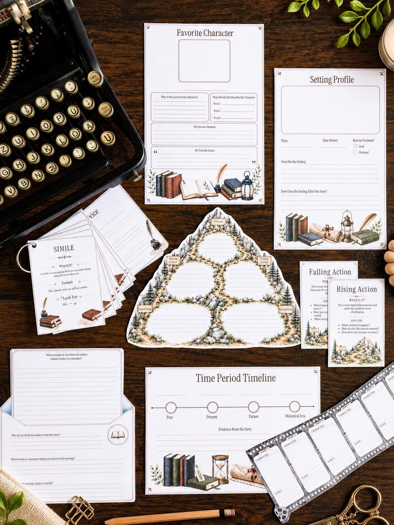 May include: A collection of literary analysis worksheets and cards featuring illustrations of books, lanterns, and quills. The set includes a mountain-shaped plot diagram, a time period timeline, character profile sheets, and instructional cards for literary devices.