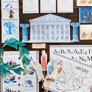 May include: A collection of educational materials on a wooden surface, featuring illustrations of Greek philosophers, a temple model, and a map of the Odyssey. Includes paper cutouts of Greek figures, timeline, and decorative borders.