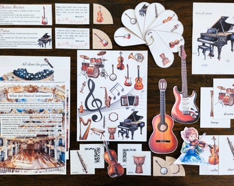 Musical Instruments, Printables, Piano, Guitar, Drums, Harp, Banjo, Violin, Homeschool, Music, Montessori Inspired, Morning Basket Activity