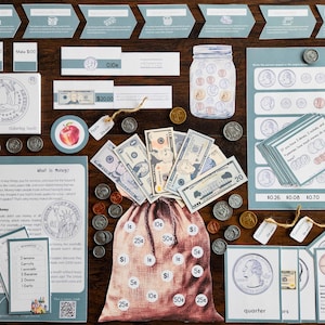 May include: An educational money learning kit featuring paper currency, various coins, a printed money bag, informational cards, and worksheets. The set includes illustrations of US coins and bills, math practice cards, and a history of money sheet.