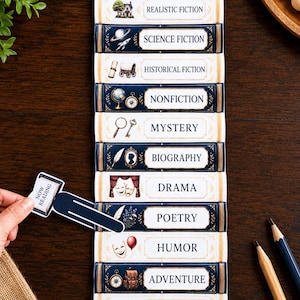 May include: A vertical sticker sheet featuring twelve book spine designs labeled with genres including Fiction, Realistic Fiction, Science Fiction, Historical Fiction, Nonfiction, Mystery, Biography, Drama, Poetry, Humor, Adventure, and Horror.