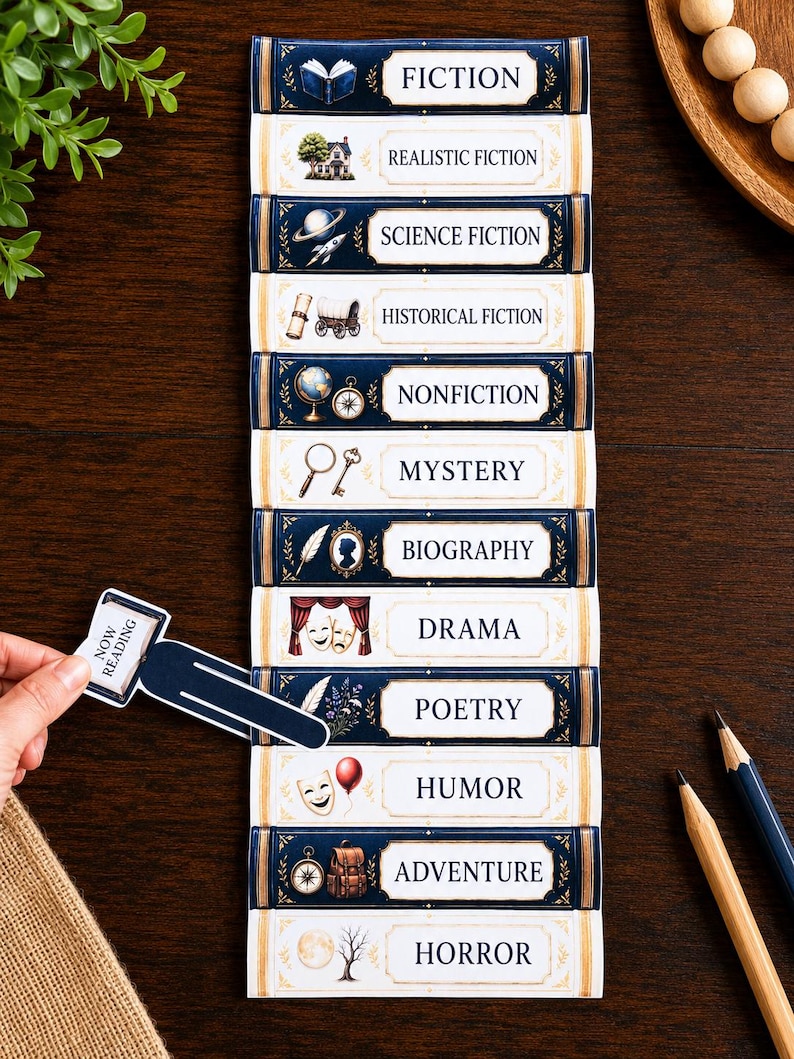 May include: A vertical sticker sheet featuring twelve book spine designs labeled with genres including Fiction, Realistic Fiction, Science Fiction, Historical Fiction, Nonfiction, Mystery, Biography, Drama, Poetry, Humor, Adventure, and Horror.