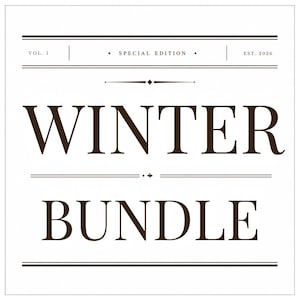 Puede incluir: Un diseño gráfico cuadrado que presenta el texto marrón oscuro WINTER BUNDLE centrado en una fuente serif. Sobre el texto, las palabras VOL. I, SPECIAL EDITION y EST. 2026 están impresas en una fuente más pequeña, enmarcadas por líneas horizontales.