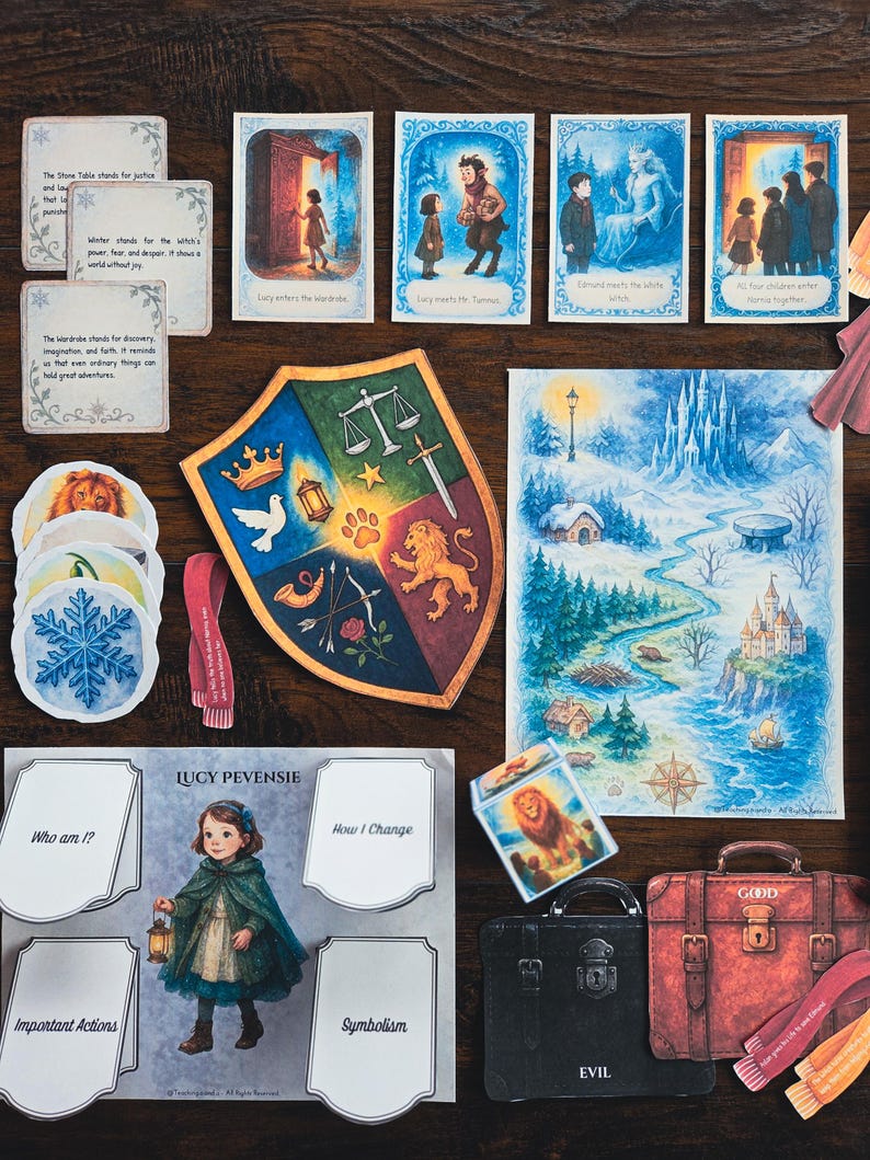 May include: A collection of illustrated cards and decorative items, including a shield, suitcases labeled "EVIL" and "GOOD", and a map. The cards feature text and images of a young girl, a lion, and scenes from a story. The items are arranged on a wooden surface.