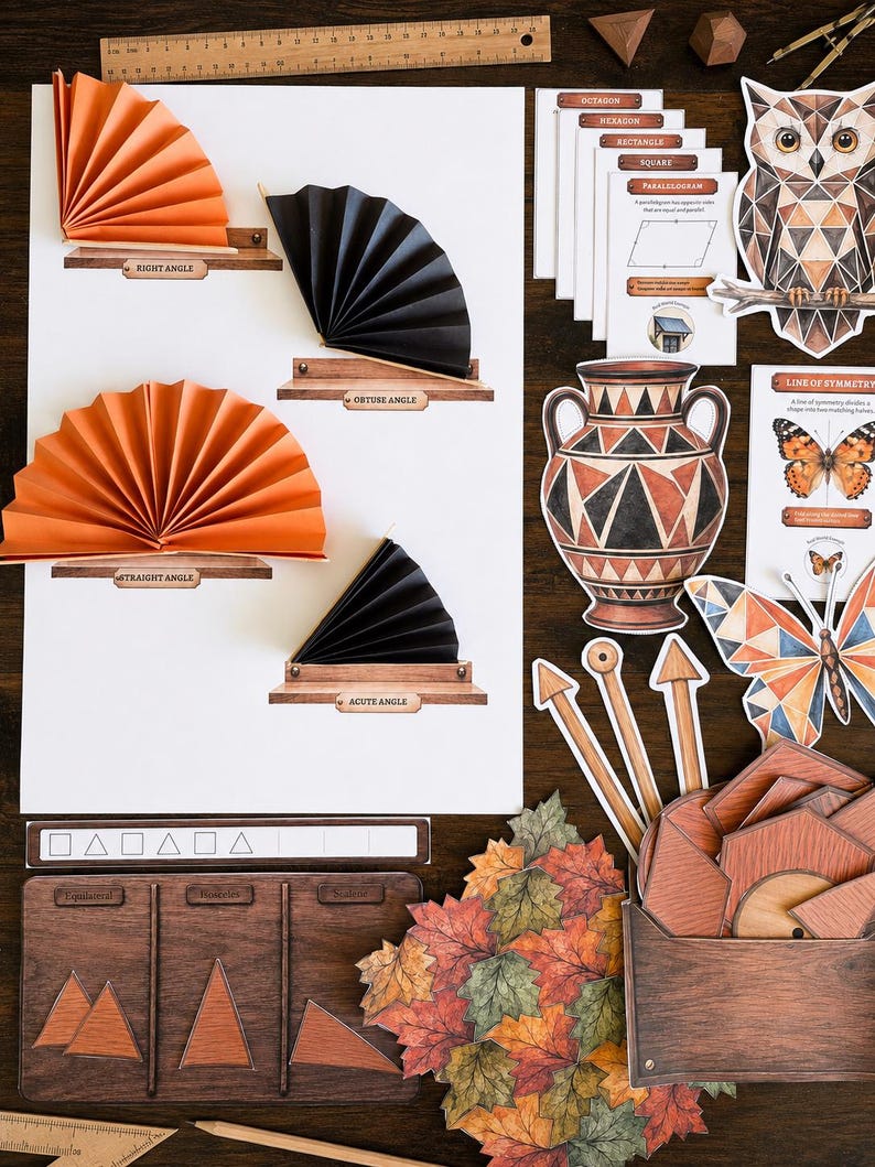 May include: An educational geometry set featuring paper fans demonstrating angles, geometric shape cards, an owl illustration, a Greek-style vase, a butterfly, wooden triangle sorting boards, and a collection of paper autumn leaves on a dark surface.
