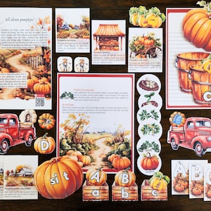 May include: A set of educational printable cards featuring pumpkins, trucks, and letters of the alphabet. The cards are colorful and feature illustrations of pumpkins in various stages of growth. The text on the cards includes the words "All about pumpkins", "Pumpkin Growing Days", "Harvest Days", and "Pumpkin Flowers and Seeds".