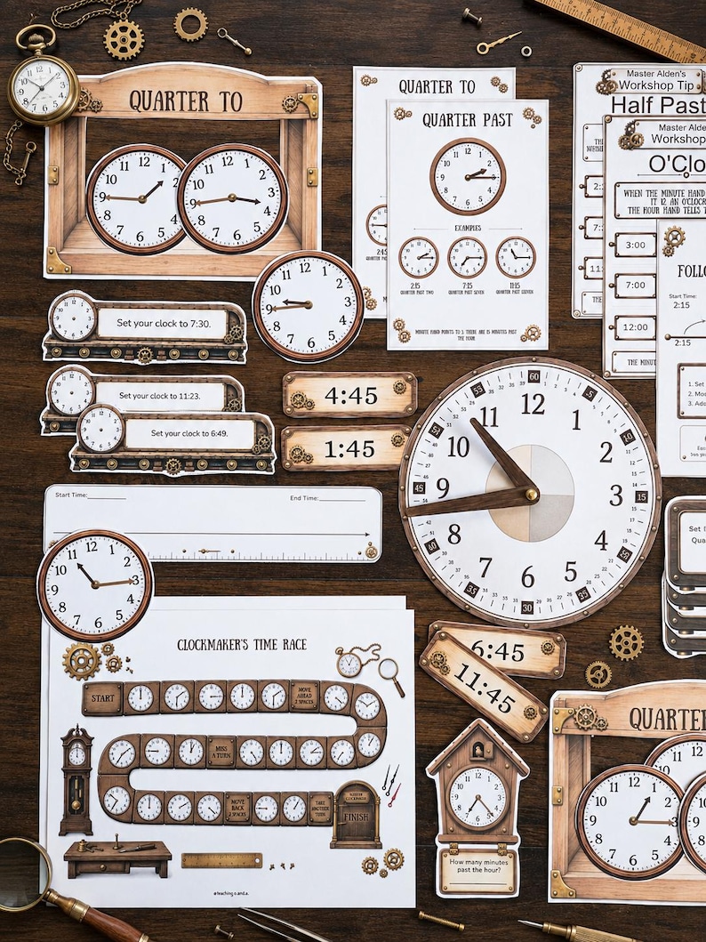 May include: A collection of educational clock-themed paper cutouts and game boards featuring various analog clock faces, digital time displays, and instructional text like Clockmaker's Time Race, Quarter To, and Half Past, arranged on a dark surface.