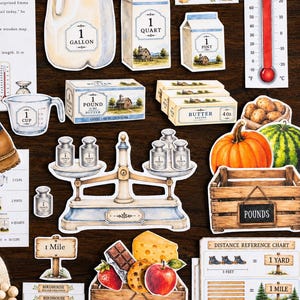 May include: A collection of educational paper cutouts featuring a gallon jug, quart and pint cartons, a thermometer, measuring cup, butter sticks, a balance scale with weights, a pumpkin, watermelon, and crates labeled with pounds and ounces.